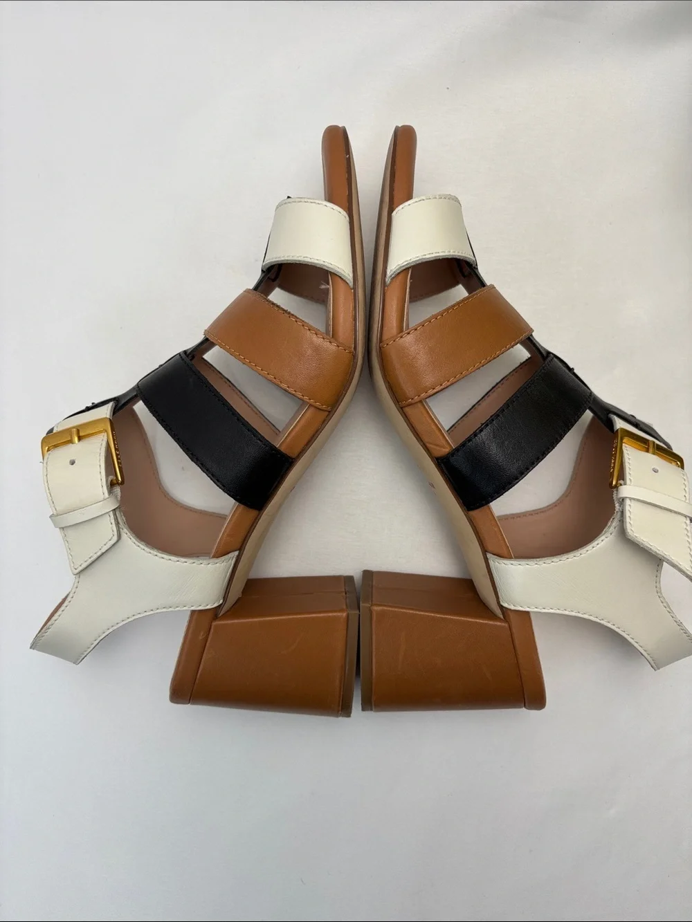 Cole Haan Women’s 9.5 Tri-Panel Leather Block Heel Sandals -Blk,Brn and Wht #462